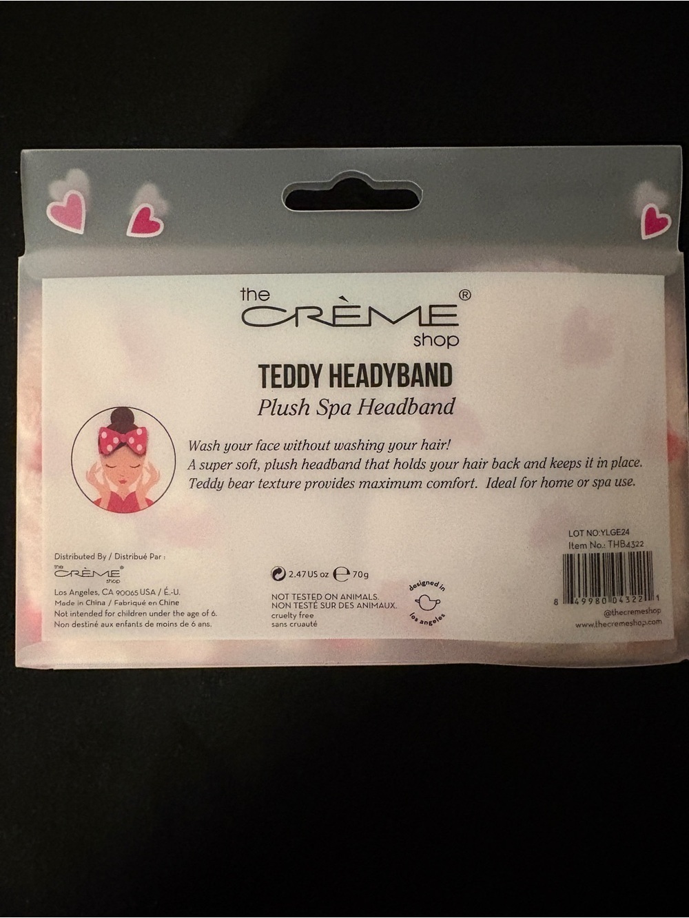 The Crème Shop Teddy Headband Pink Hearts Plush Spa Skincare Hair Bow - Picture 3 of 5